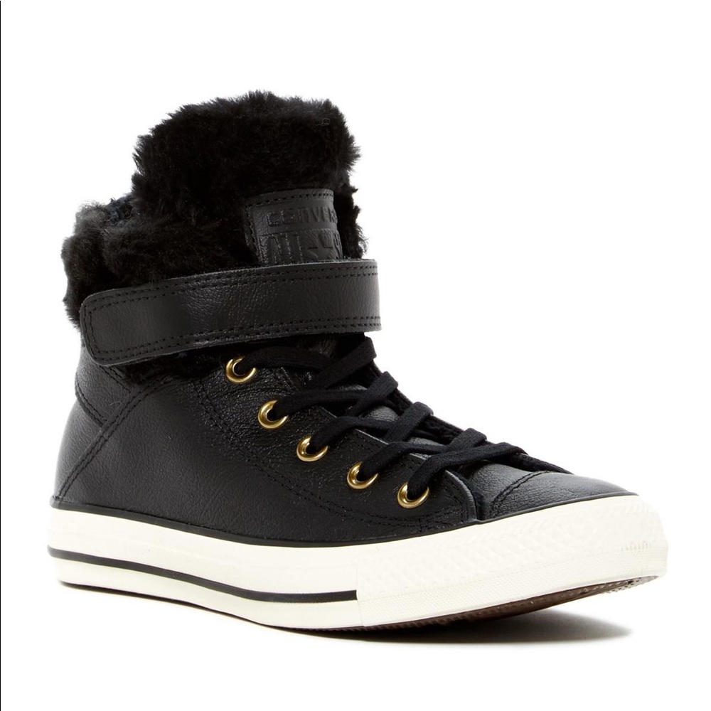 Converse Black Leather Faux Fur Lined Chuck HiTops